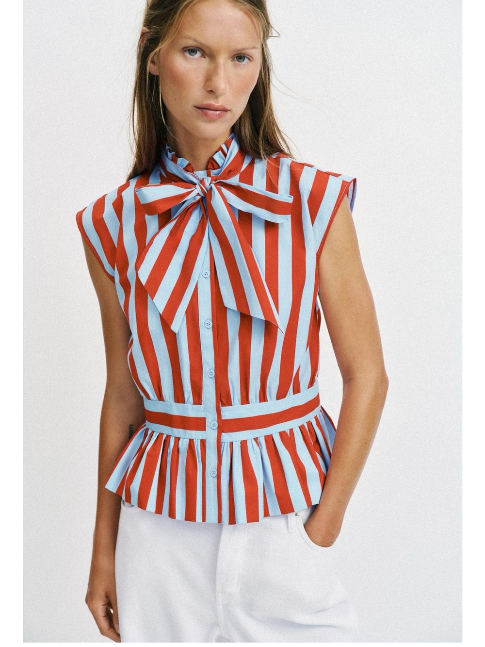 ZARA NEW WOMAN KNOTTED STRIPED BLOUSE RUFFLE REH RED BLUE - Picture 1 of 9